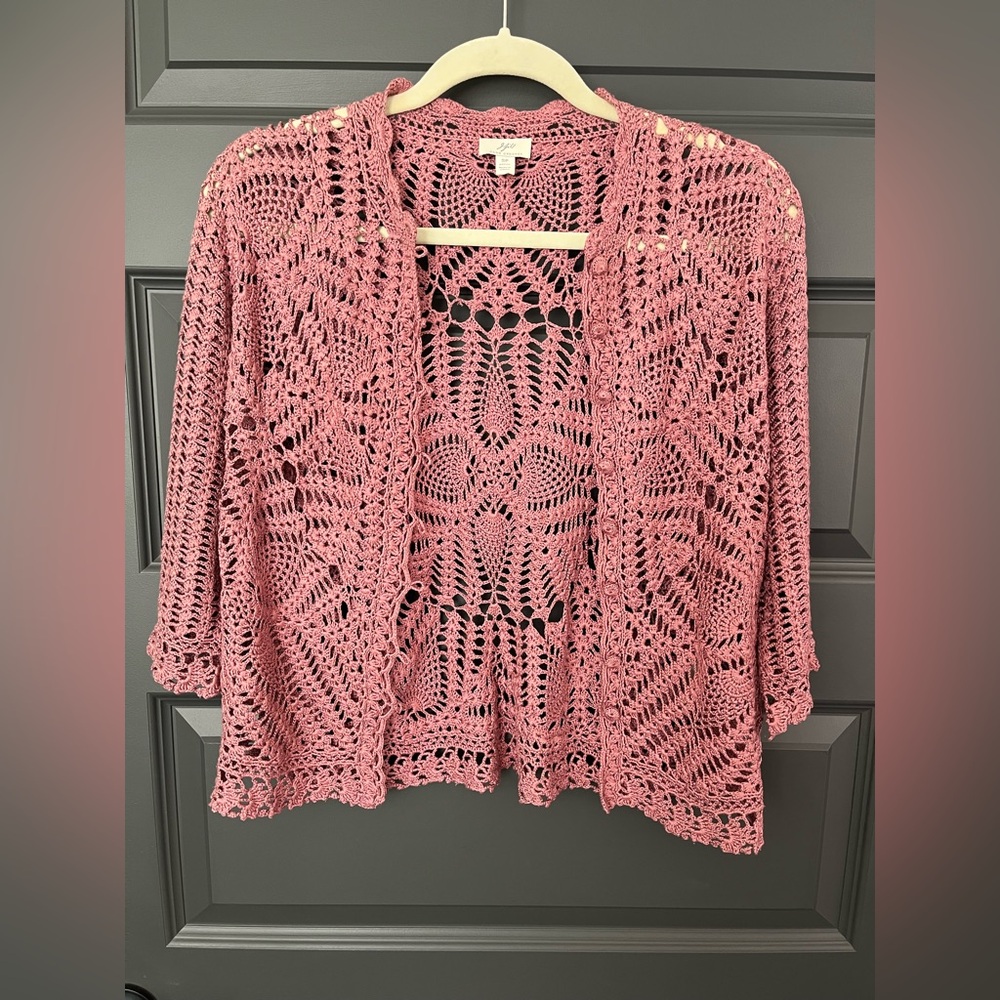 J. Jill Hand Crochet 100% Silk Rose Cardigan
